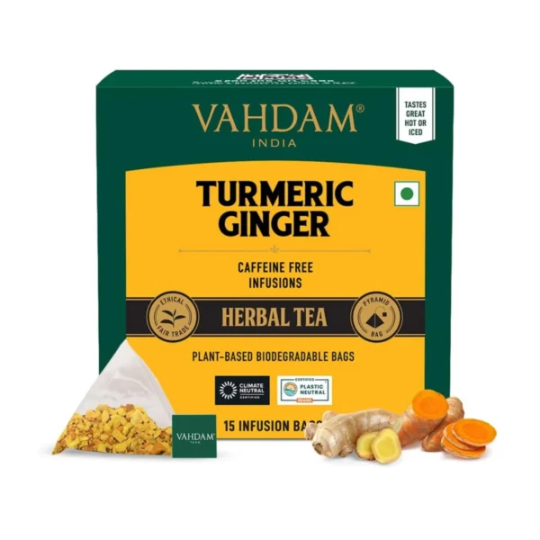 VAHDAM, Turmeric + Ginger Tea Powerful SUPERFOOD Blend (30 Pyramid Tea Bag) Herbal Tea Bags, 100% Natural Ingredients