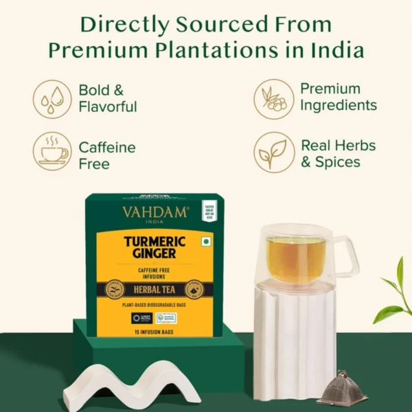 VAHDAM, Turmeric + Ginger Tea Powerful SUPERFOOD Blend (30 Pyramid Tea Bag) Herbal Tea Bags, 100% Natural Ingredients - Image 3
