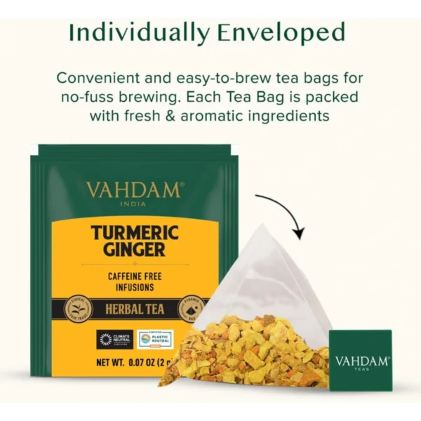 VAHDAM, Turmeric + Ginger Tea Powerful SUPERFOOD Blend (30 Pyramid Tea Bag) Herbal Tea Bags, 100% Natural Ingredients - Image 4